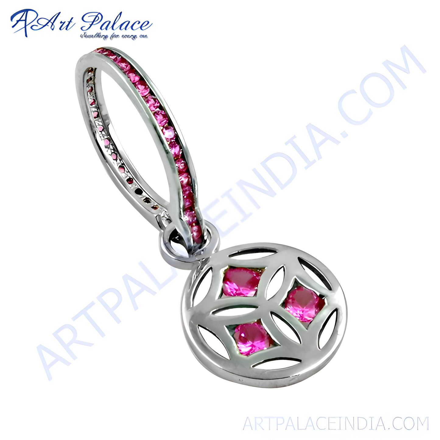 Fret Designer Silver Pendant With Pink Cubic Zirconia