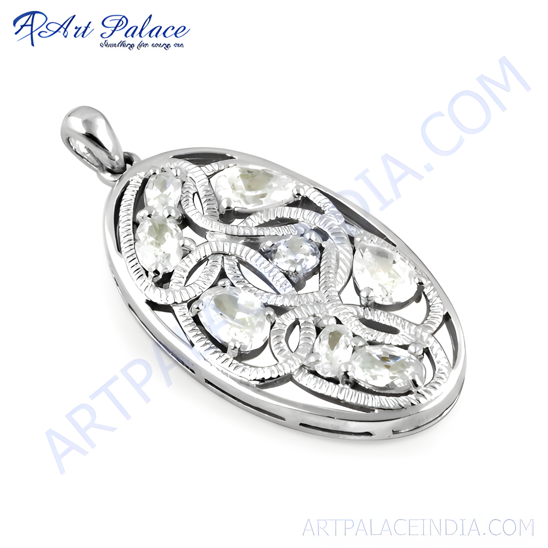 925 sterling silver pendant with oval design and white gemstones, perfect gift for women.
