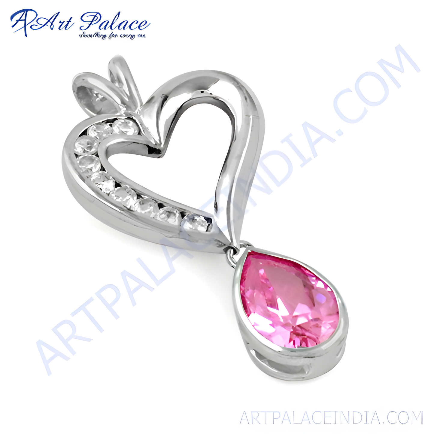 Lovely Heart Style White & Pink Cz Gemstone Silver Pendant