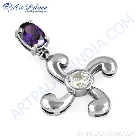 Hand Created Amethyst & White Cz Silver Gemstone Pendant