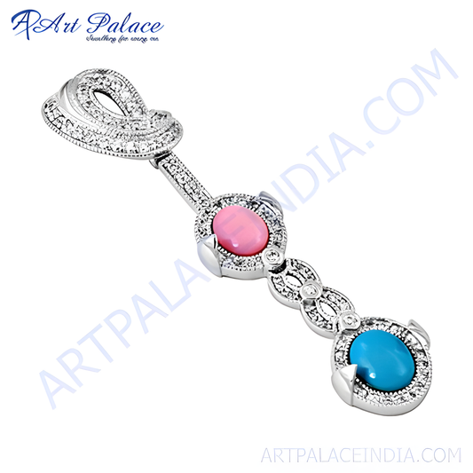 Luxury Pink Cz & Pink Glass & Synthetic Turquoise Silver Pendant