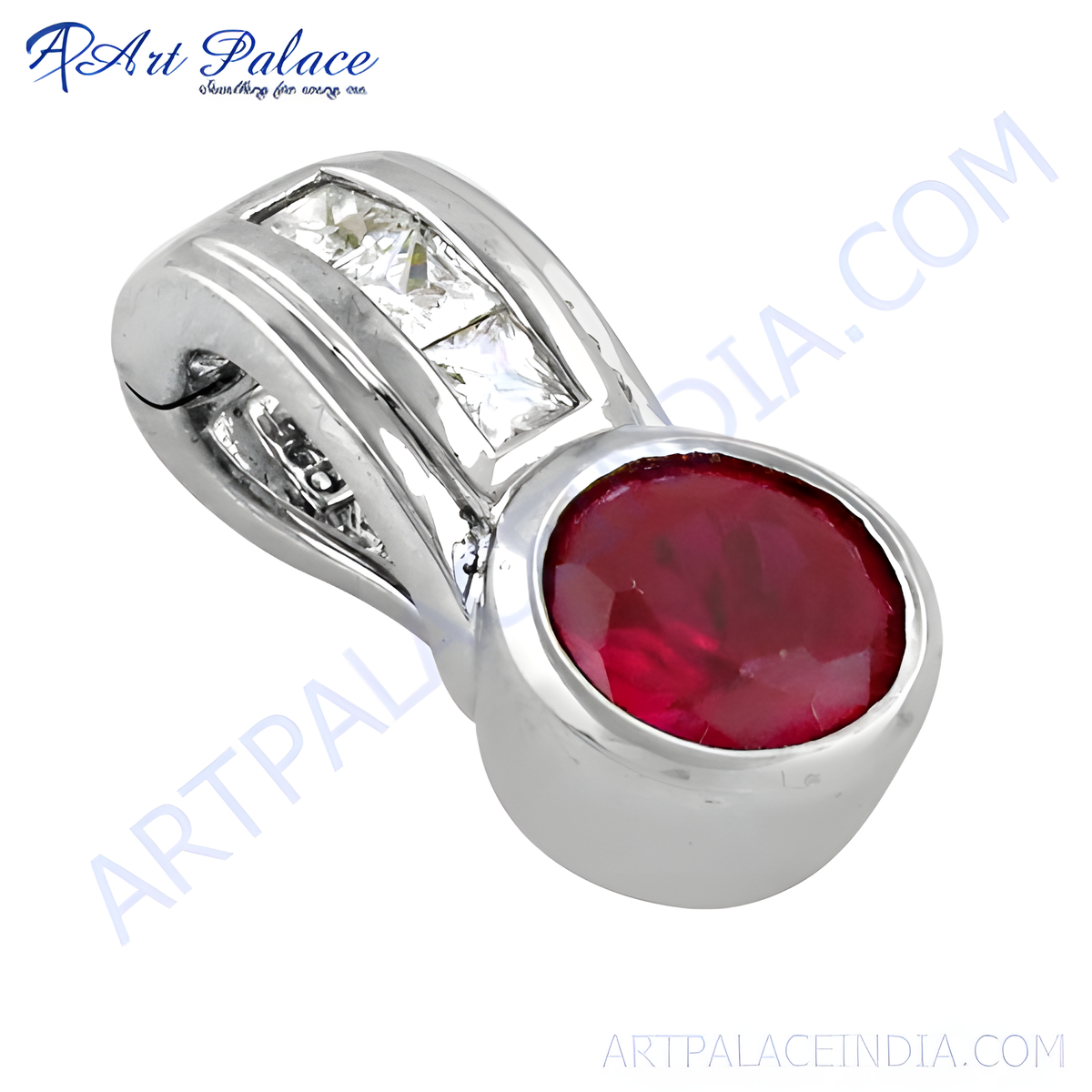 Sterling silver pendant with a large red ruby gemstone and cubic zirconia accents, a beautiful jewelry piece