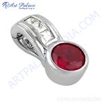 Load image into Gallery viewer, Sterling silver pendant with a large red ruby gemstone and cubic zirconia accents, a beautiful jewelry piece.
