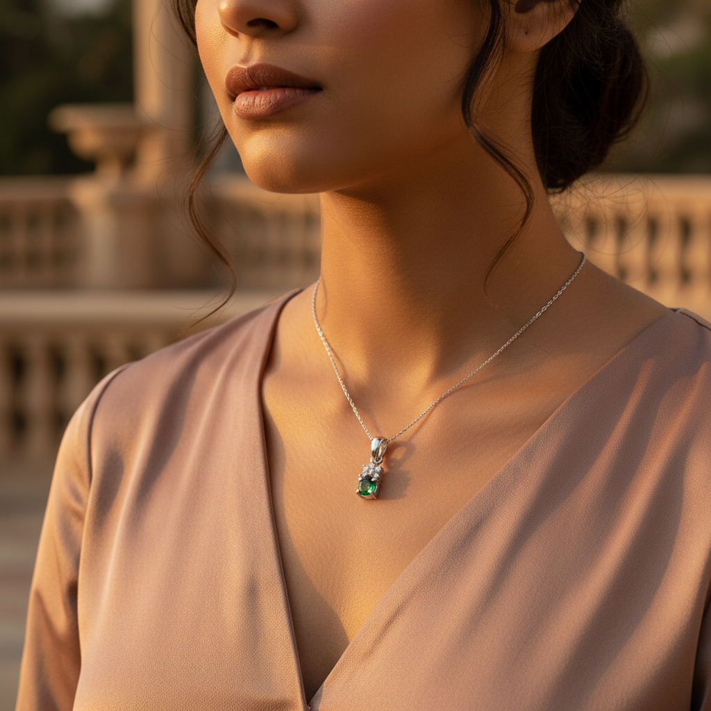 925 Silver Emerald Pendant for Women | Daily Wear Gift