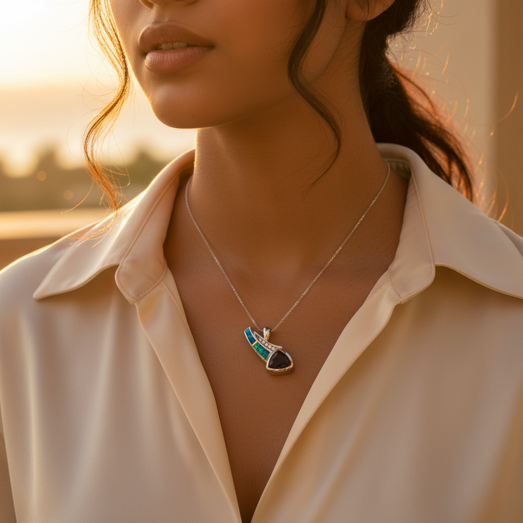 925 Silver Opal & Amethyst Pendant for Women | Gemstone Jewelry