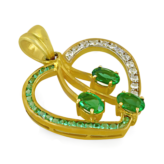 Stylish Heart Shape CZ & Green Glass Gold Plated Silver Pendant