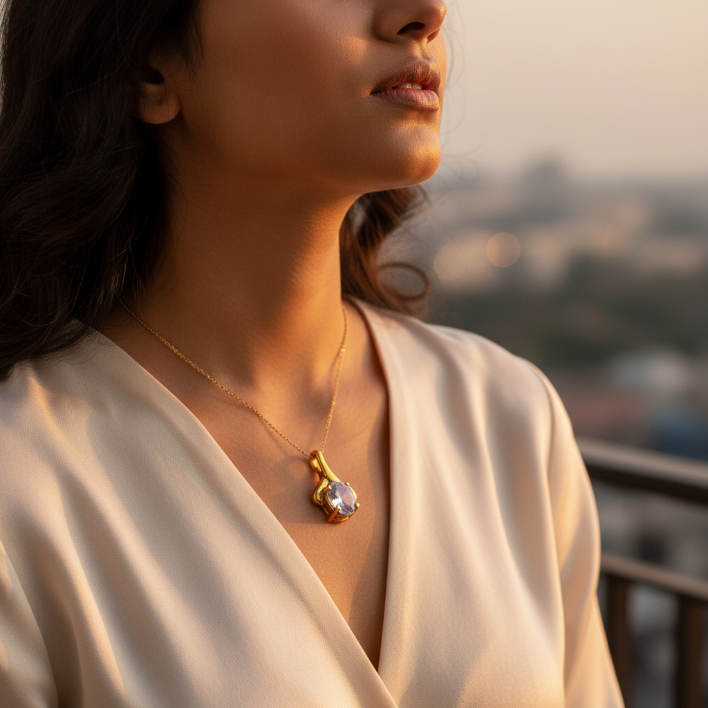 gold plating Oval Stone Pendant for Women | Daily Wear Necklace