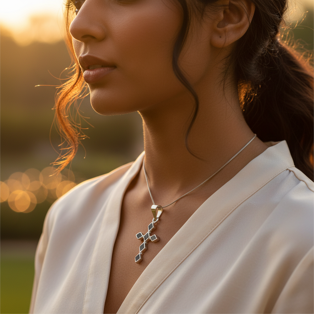 925 Silver Black Enamel Cross Pendant for Women