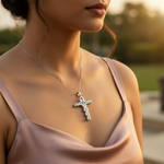 将图像加载到图库查看器中， Silver Cross Pendant with Pink &amp; White Gemstones | Gift for Her
