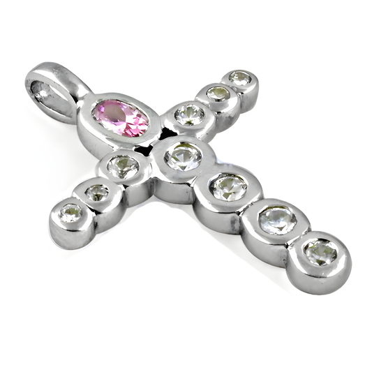 Charming Pink & White Cz Gemstone Silver Cross Pendant