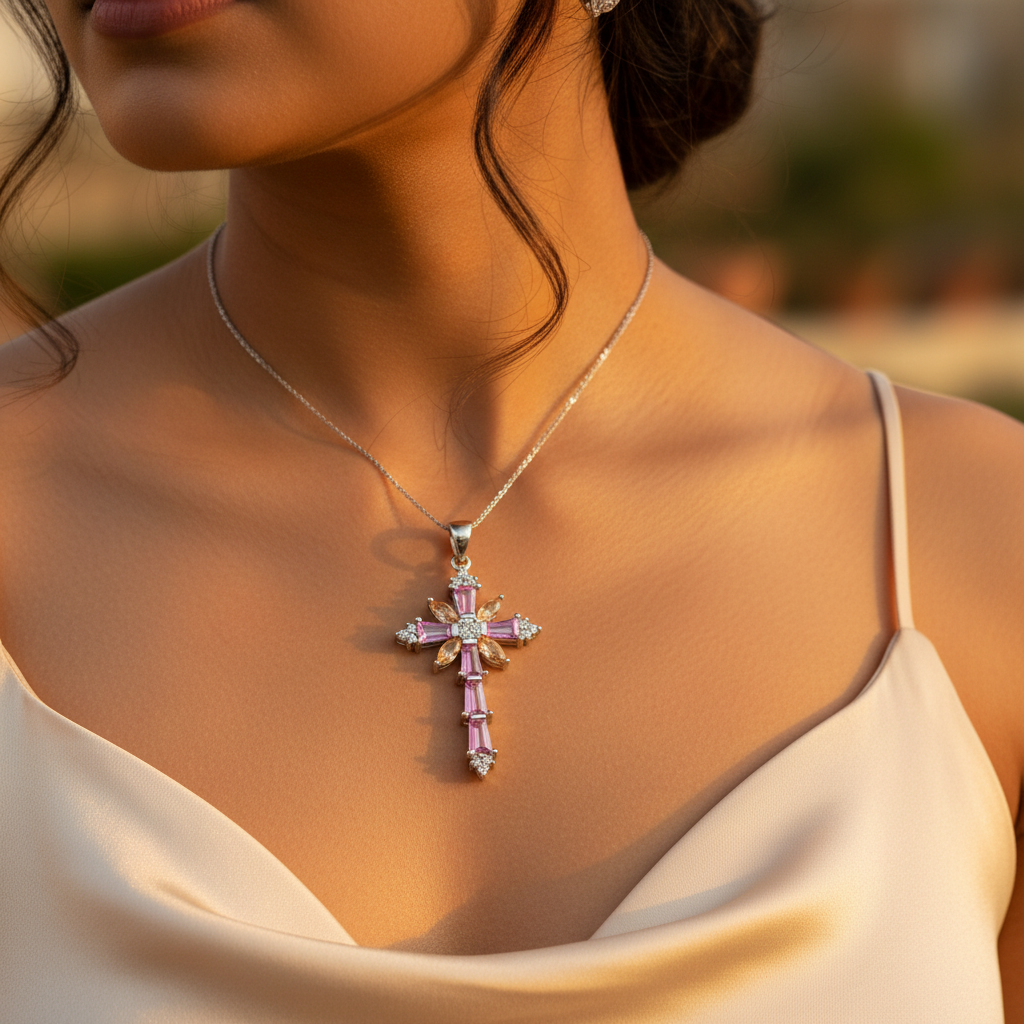 925 Silver Pink & Yellow Gemstone Cross Pendant for Women