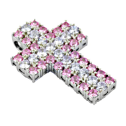 Charming Pink & White Zirconia Gemstone Silver Cross Pendant