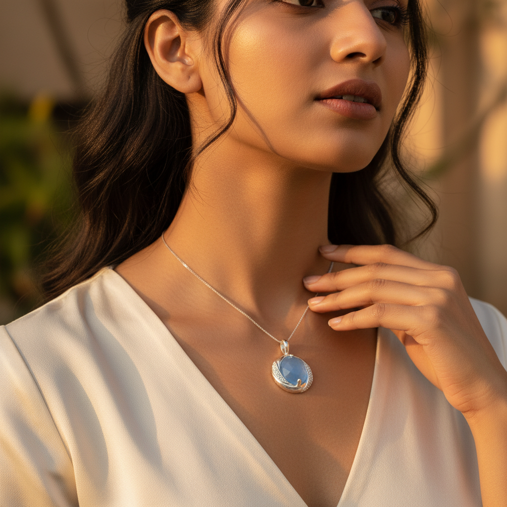 925 Sterling Silver Chalcedony Pendant | Blue Gemstone Jewelry