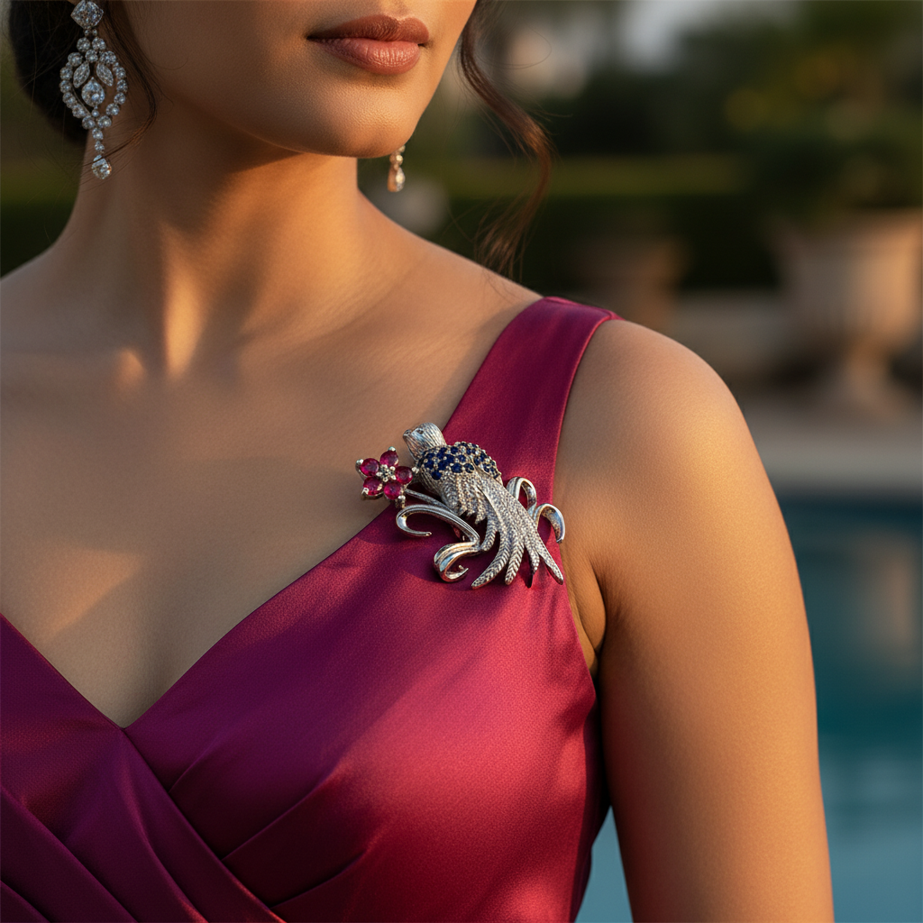 Silver Bird Brooch with Ruby Flower for Women | Gift Jewelry