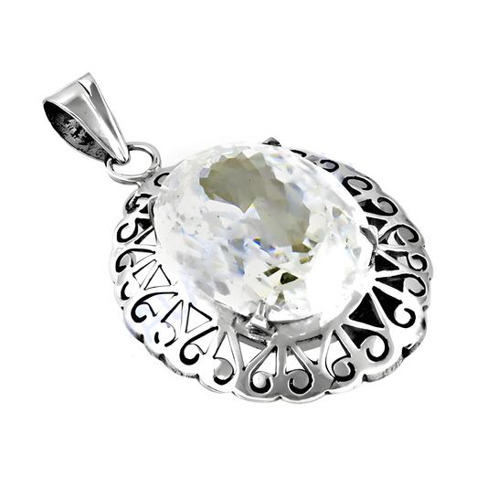 Celeb Style Cubic Zirconia Fret Work Silver Pendant