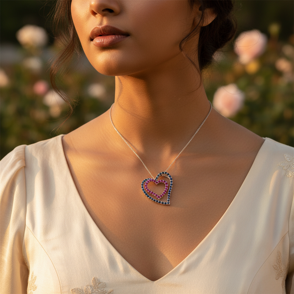 925 Silver Double Heart Pendant with Ruby & Sapphire | Women's Jewelry