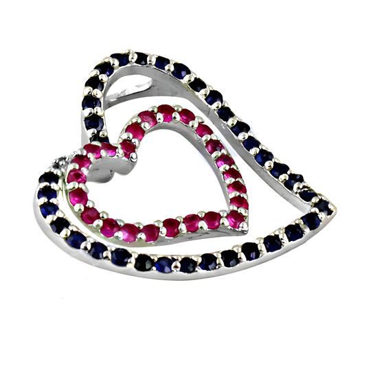 Lovely Dual Heart Ink & Pink Zirconia Gemstone Silver Pendant