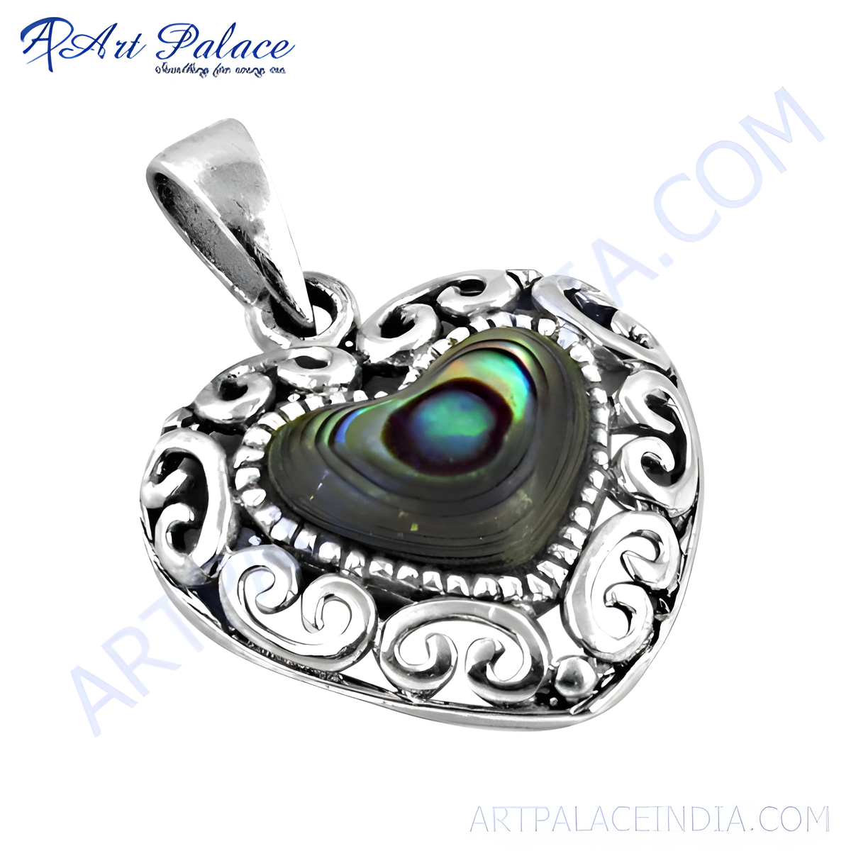 925 sterling silver abalone heart pendant necklace with iridescent shell