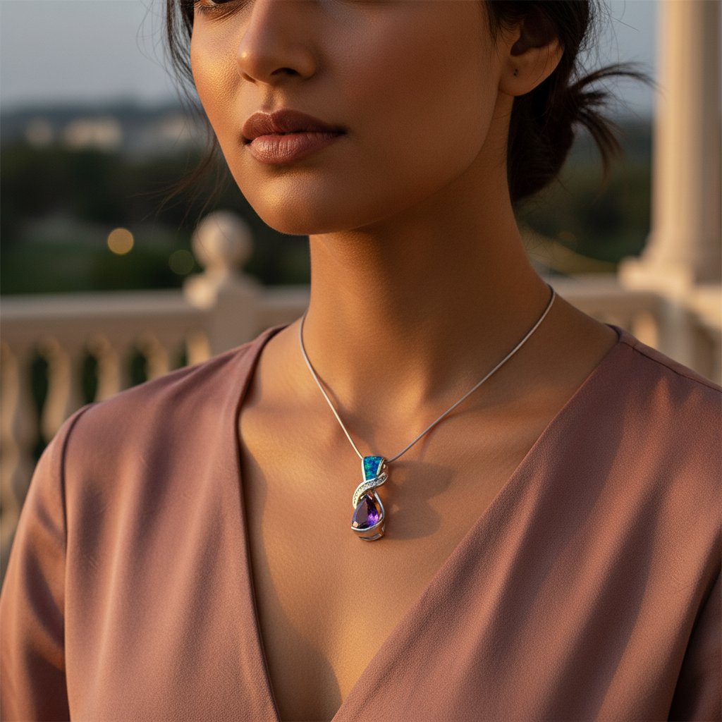 925 Silver Opal & Amethyst Pendant for Women | Gemstone Jewelry