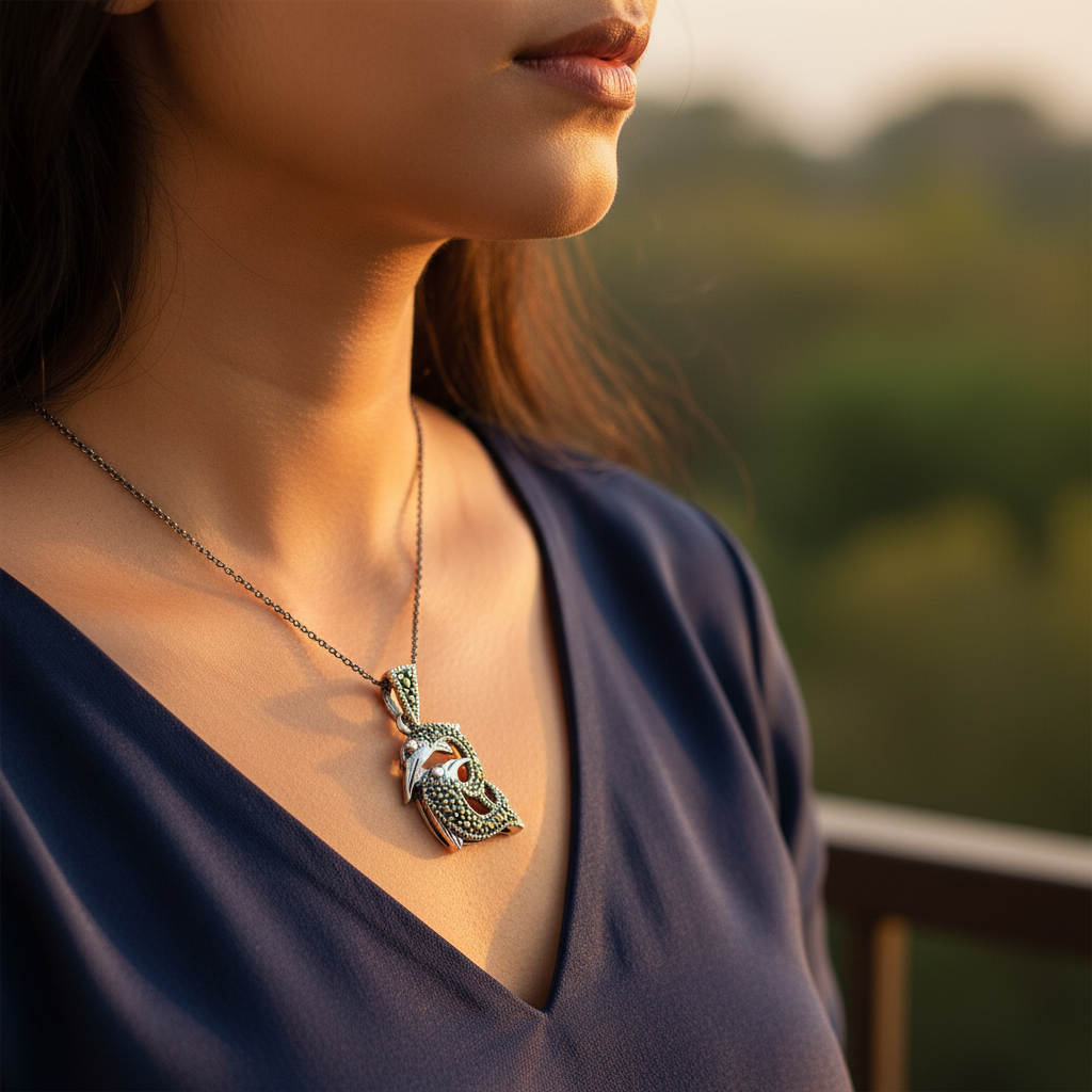 925 Silver Mask Pendant with Marcasite Stones | Women's Jewelry