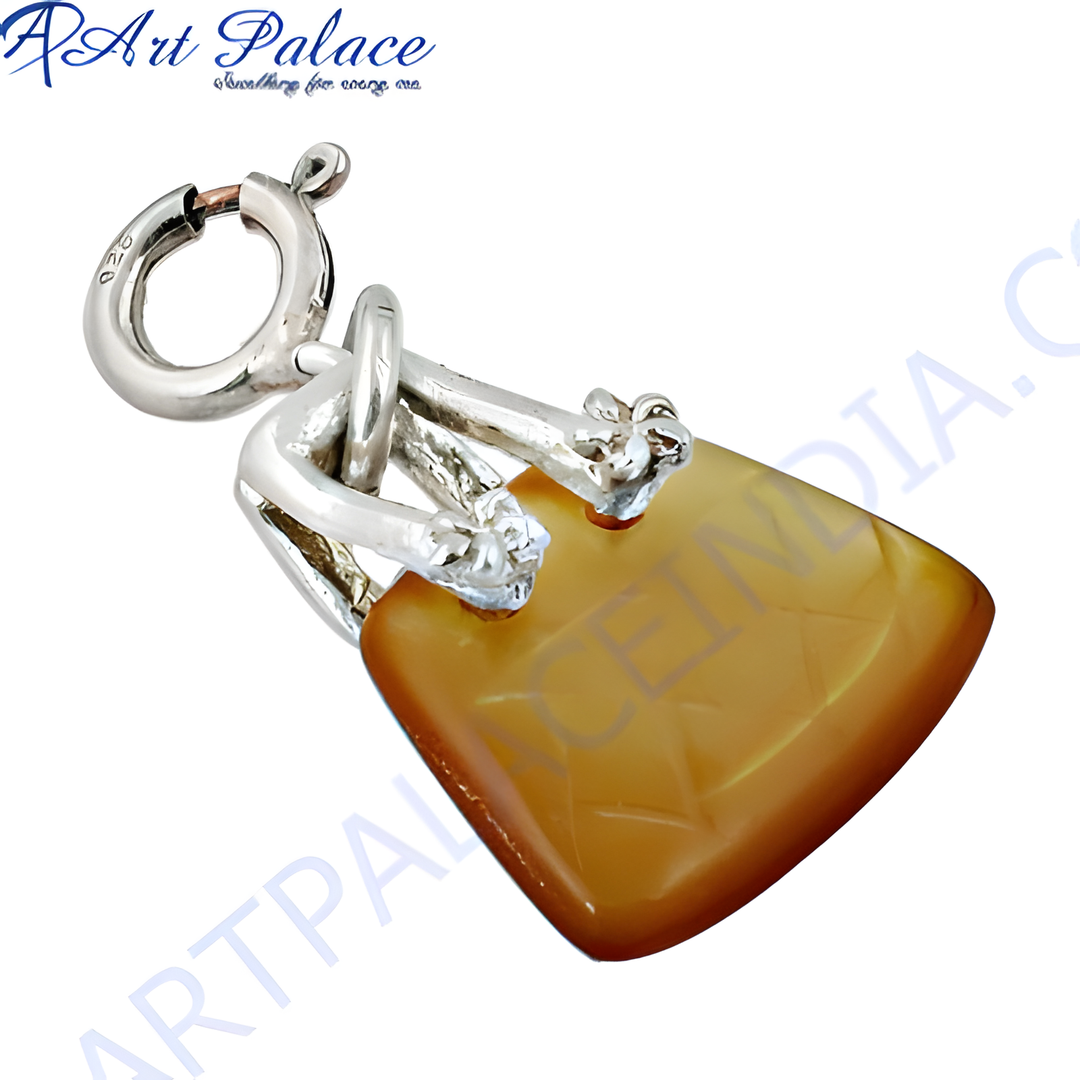 925 silver pendant featuring a rectangular amber gemstone with intricate silver detailing.