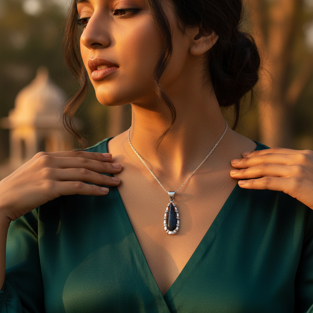 925 Silver Blue Sandstone Pendant Necklace for Women
