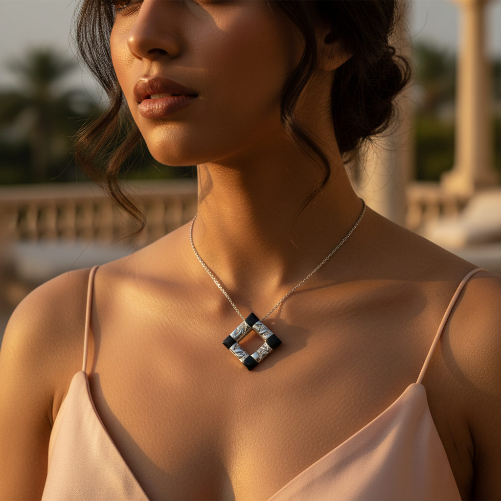 Silver Geometric Pendant Necklace | Black Onyx Accents | For Women