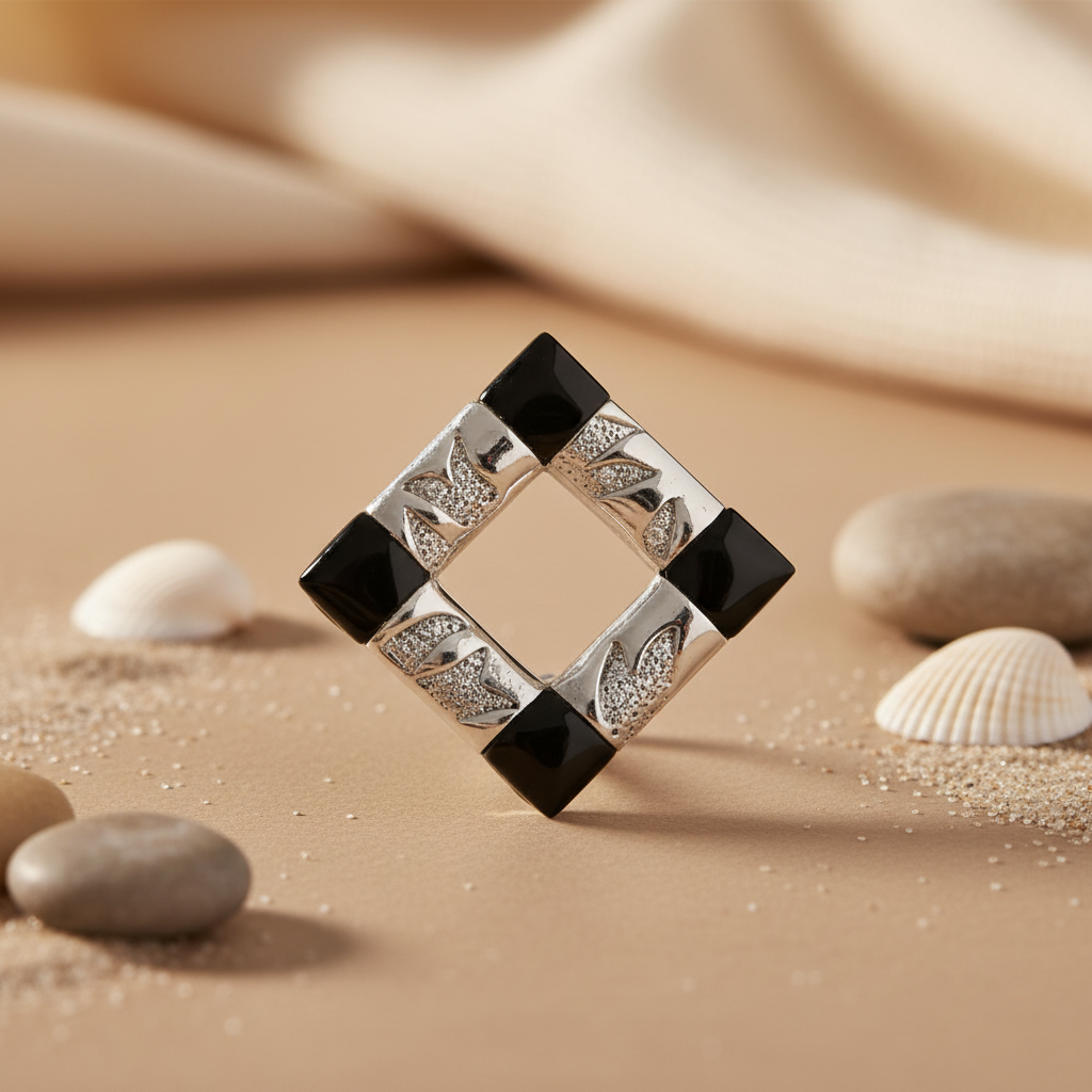 Silver Geometric Pendant Necklace | Black Onyx Accents | For Women