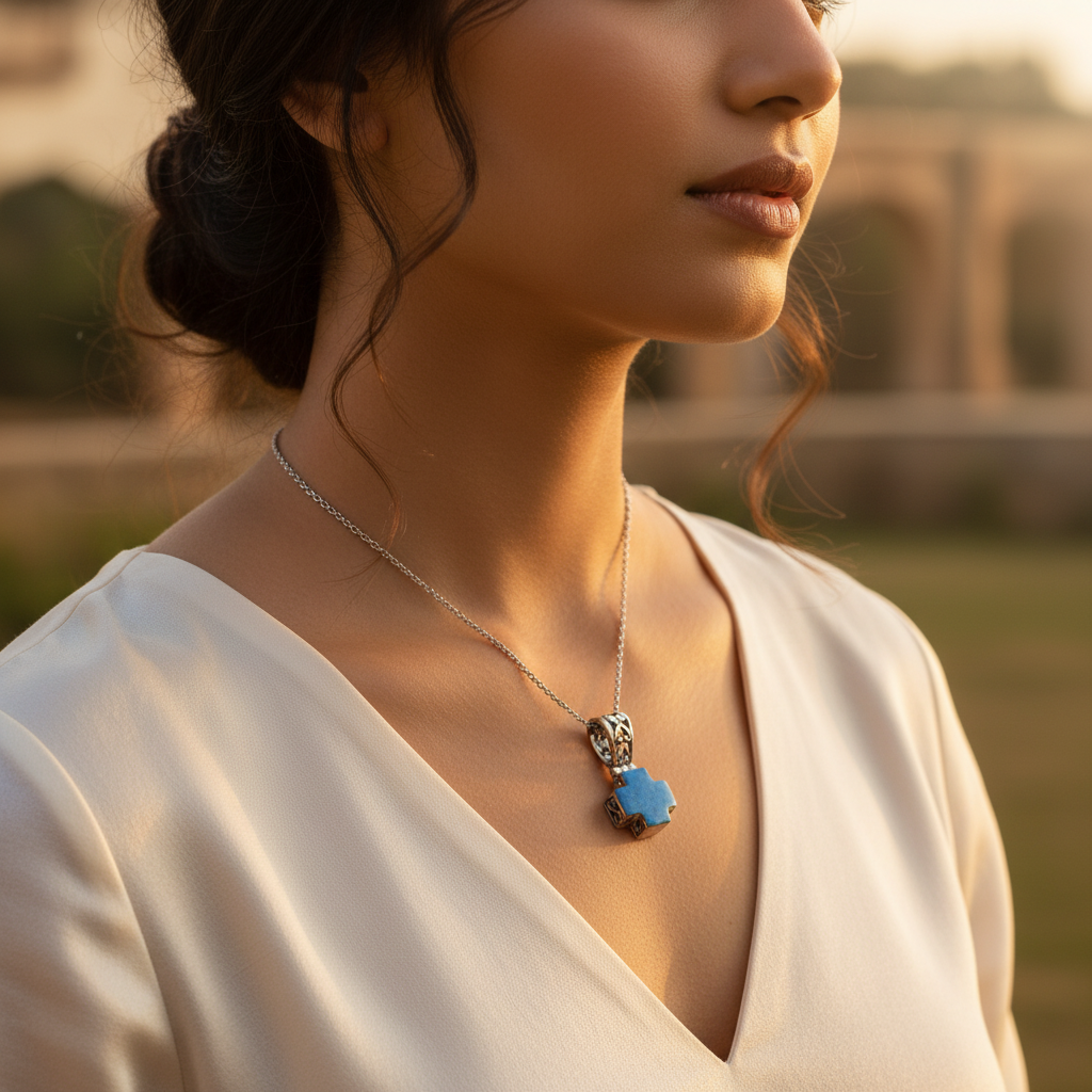 925 Silver Blue Stone Cross Pendant for Women | Religious Jewelry