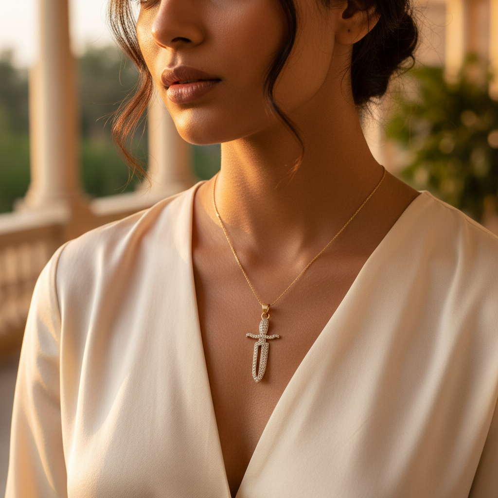 gold plating Dagger Pendant Necklace with Cubic Zirconia | Women's Gift