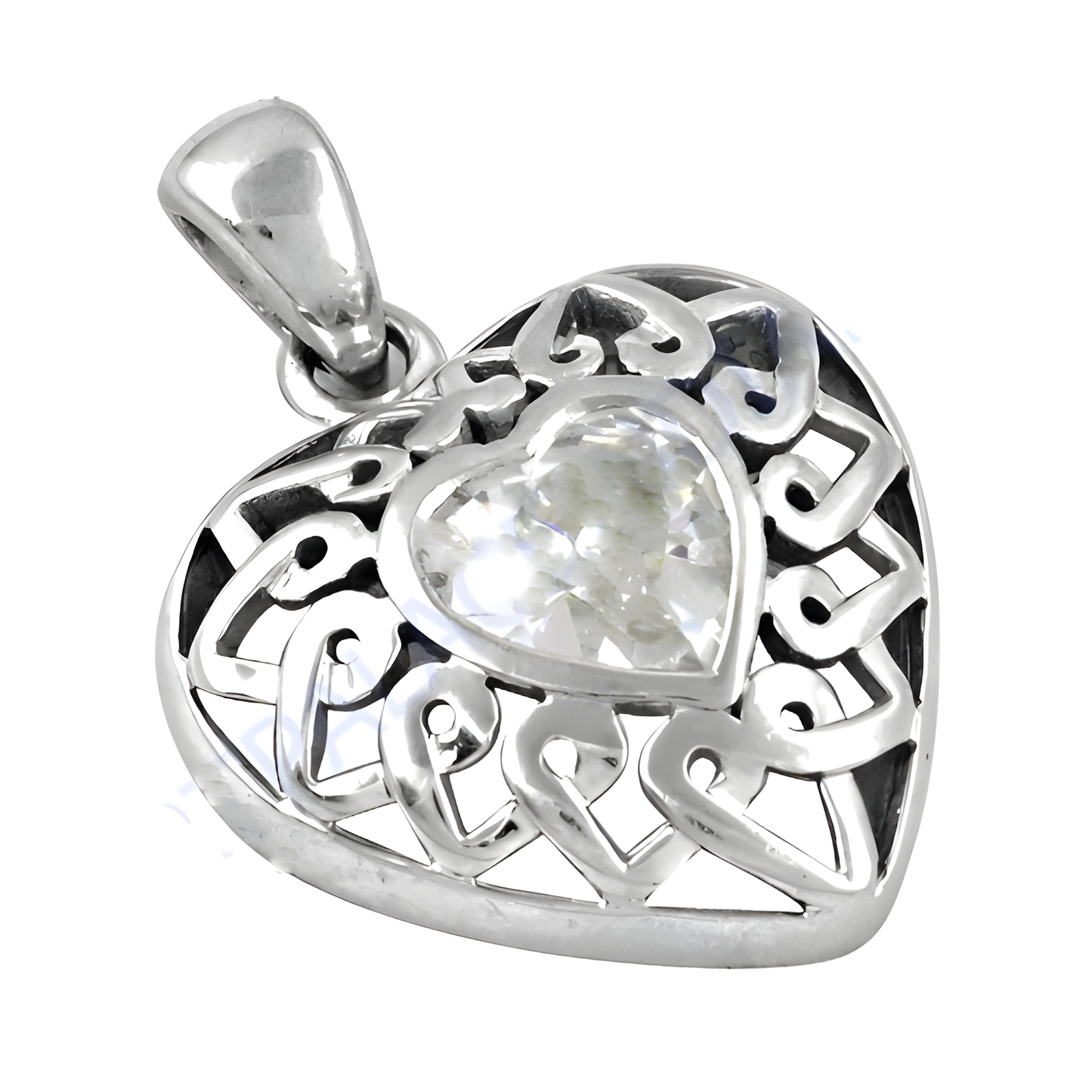 Heart Style Fret Work Cz Gemstone Silver Pendant