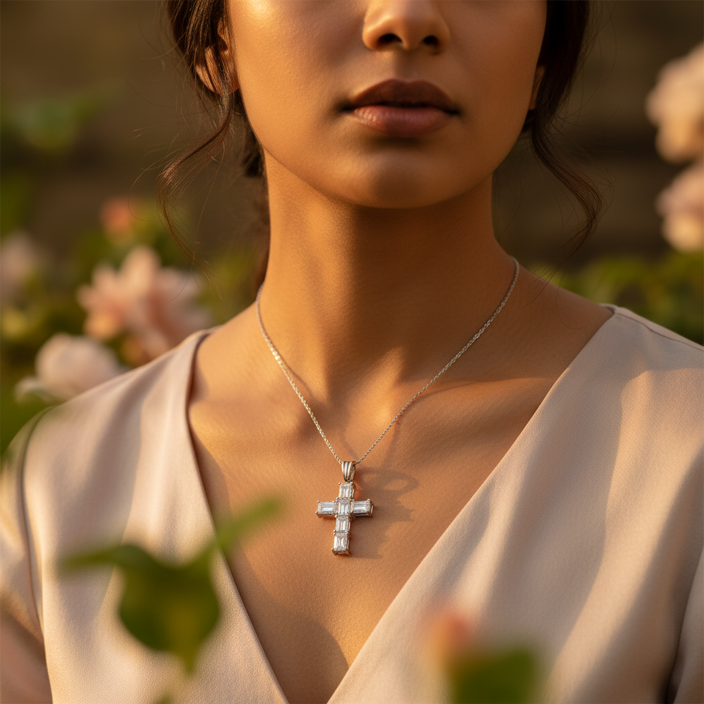 Silver Cubic Zirconia Cross Pendant for Women | Daily Wear