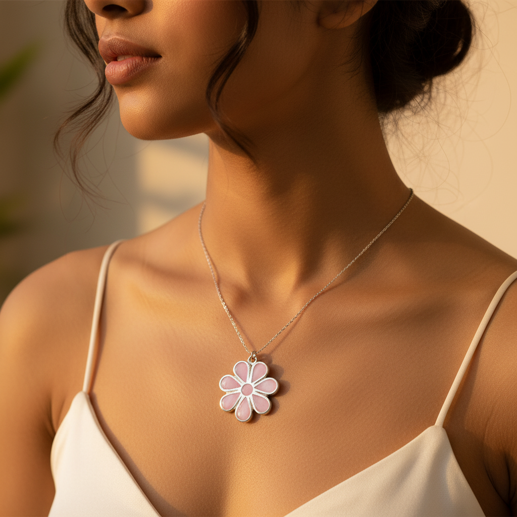 925 Silver Pink Flower Pendant | Mother of Pearl Jewelry