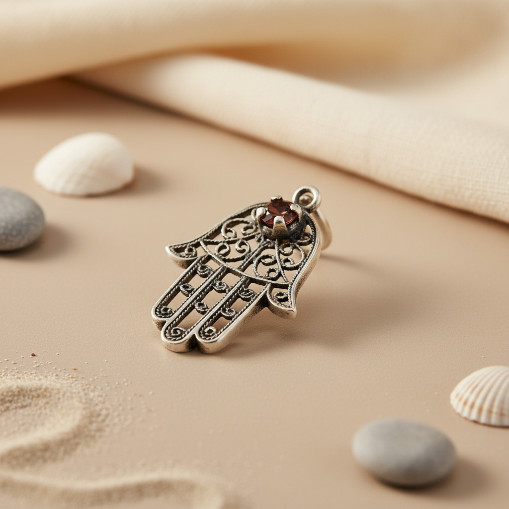 925 Silver Hamsa Hand Pendant with Garnet | Protection Jewelry