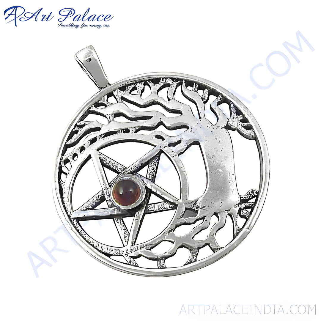 Sterling silver Tree of Life and pentacle pendant with a central gemstone, a beautiful spiritual jewelry piece.