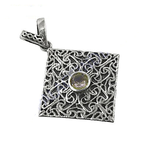 925 Silver Square Filigree Pendant with Green Gemstone
