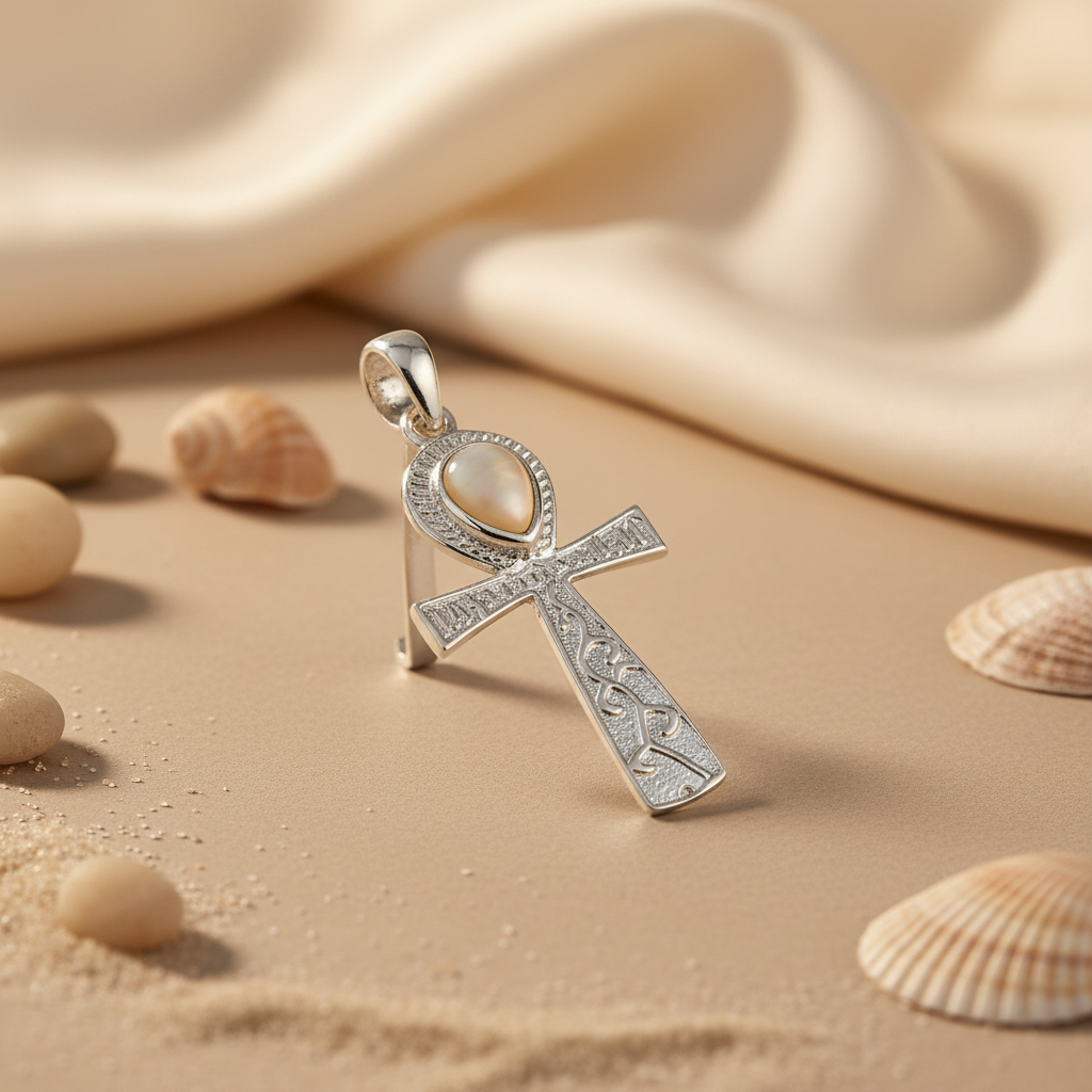 925 Silver Ankh Pendant with Moonstone | Egyptian Jewelry