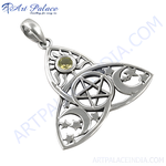 Load image into Gallery viewer, 925 sterling silver trinity knot pendant with a gemstone center, featuring a pentacle, moons and stars
