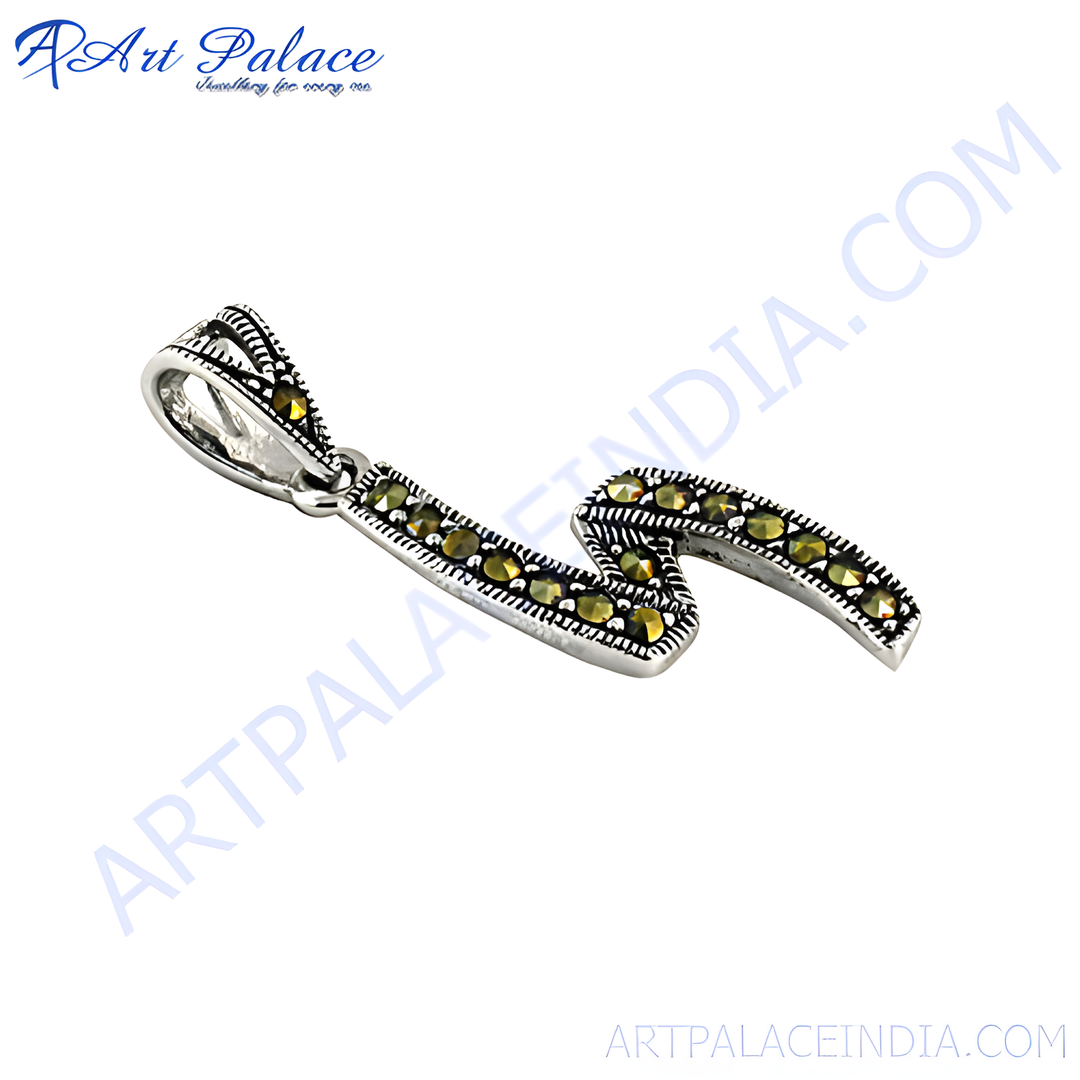 925 Sterling Silver marcasite pendant with wave-like design, ideal for women, showcasing a vintage charm