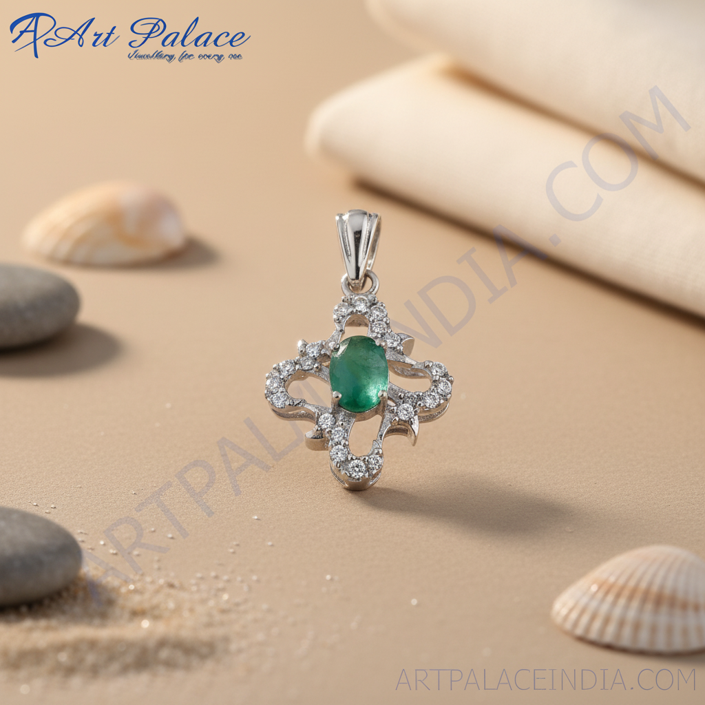 Emerald cross pendant | 925 sterling silver necklace | women's gift