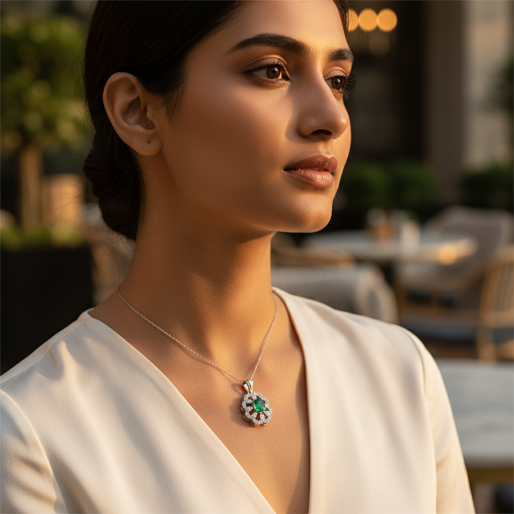 925 Silver Emerald & Diamond Flower Pendant | Women's Jewelry