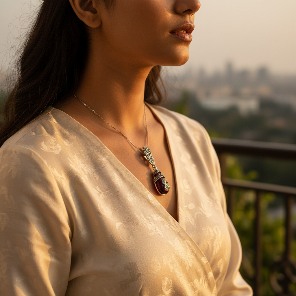 925 Silver & Garnet Pendant | Marcasite Accents | For Women