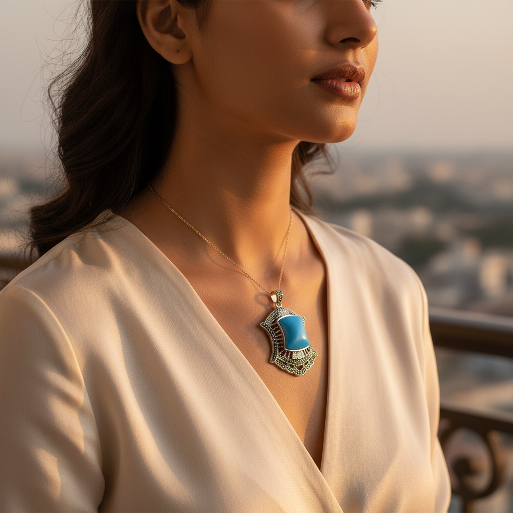 925 Sterling Silver Turquoise Pendant for Women | Marcasite Jewelry