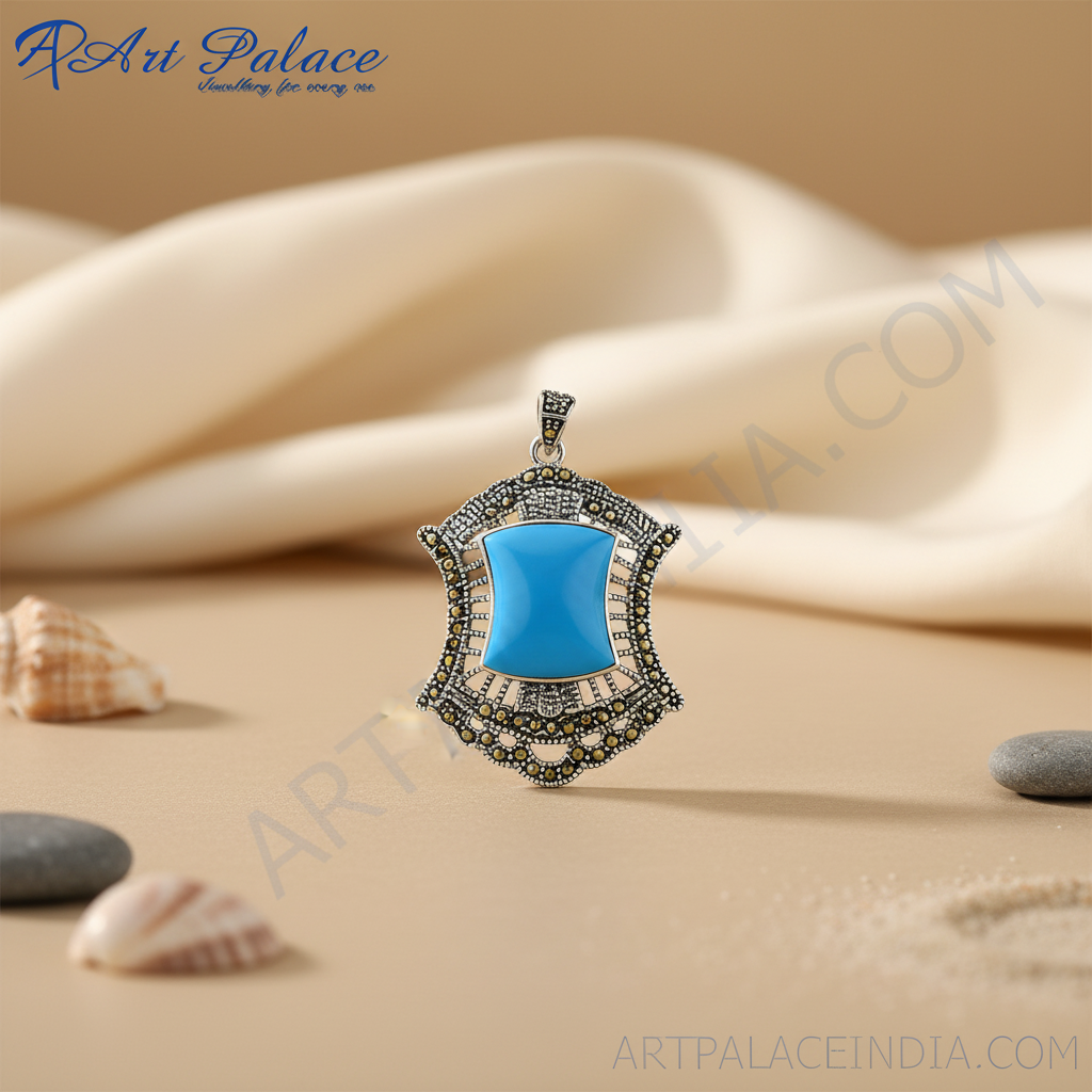 925 Sterling Silver Turquoise Pendant for Women | Marcasite Jewelry