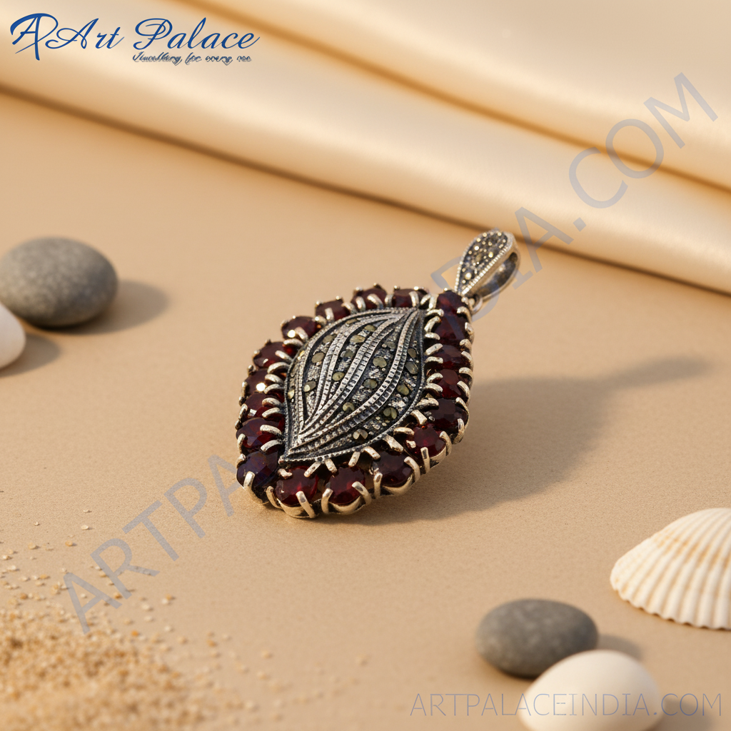 Garnet & marcasite silver pendant | women's jewelry gift