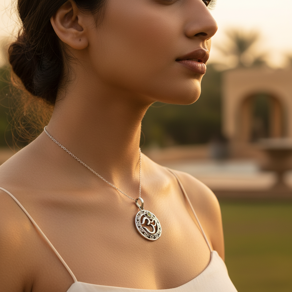 925 Silver Om Pendant with Green Stone | Spiritual Jewelry