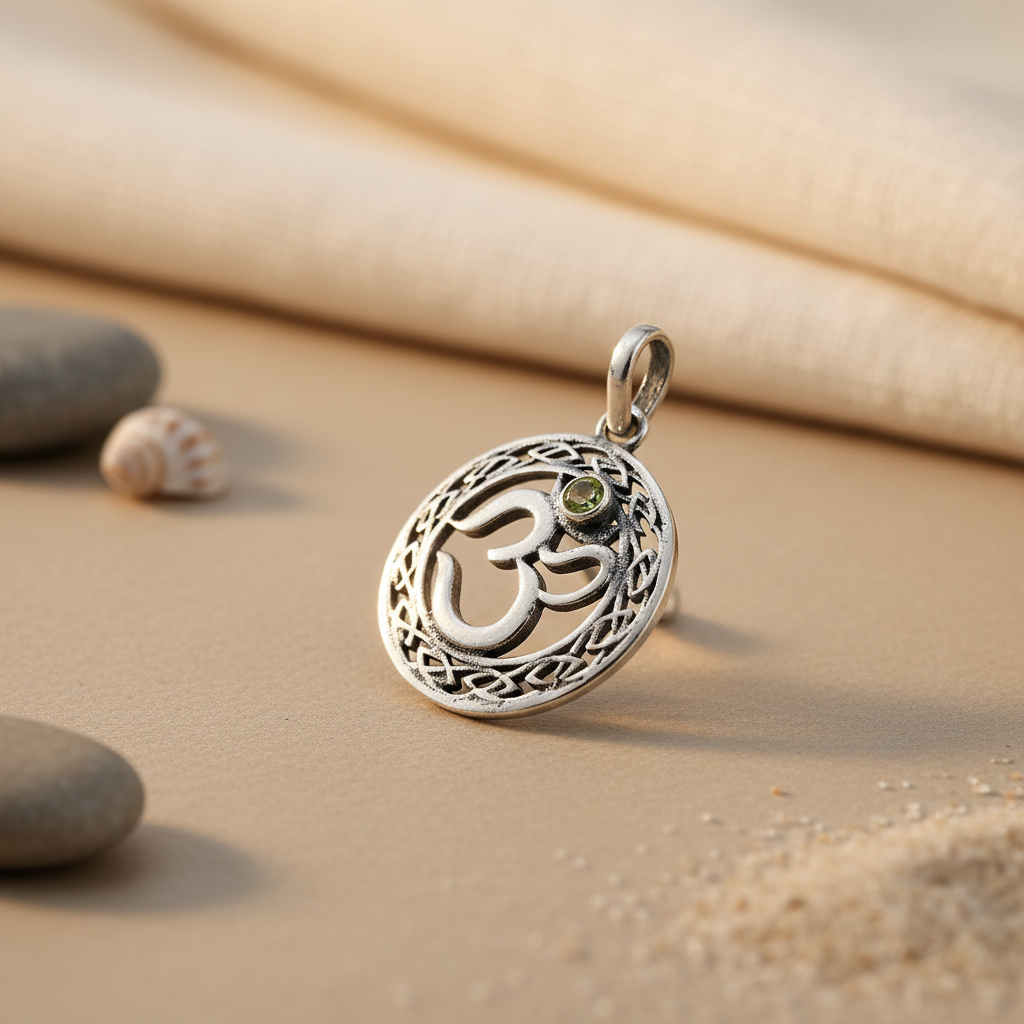 925 Silver Om Pendant with Green Stone | Spiritual Jewelry
