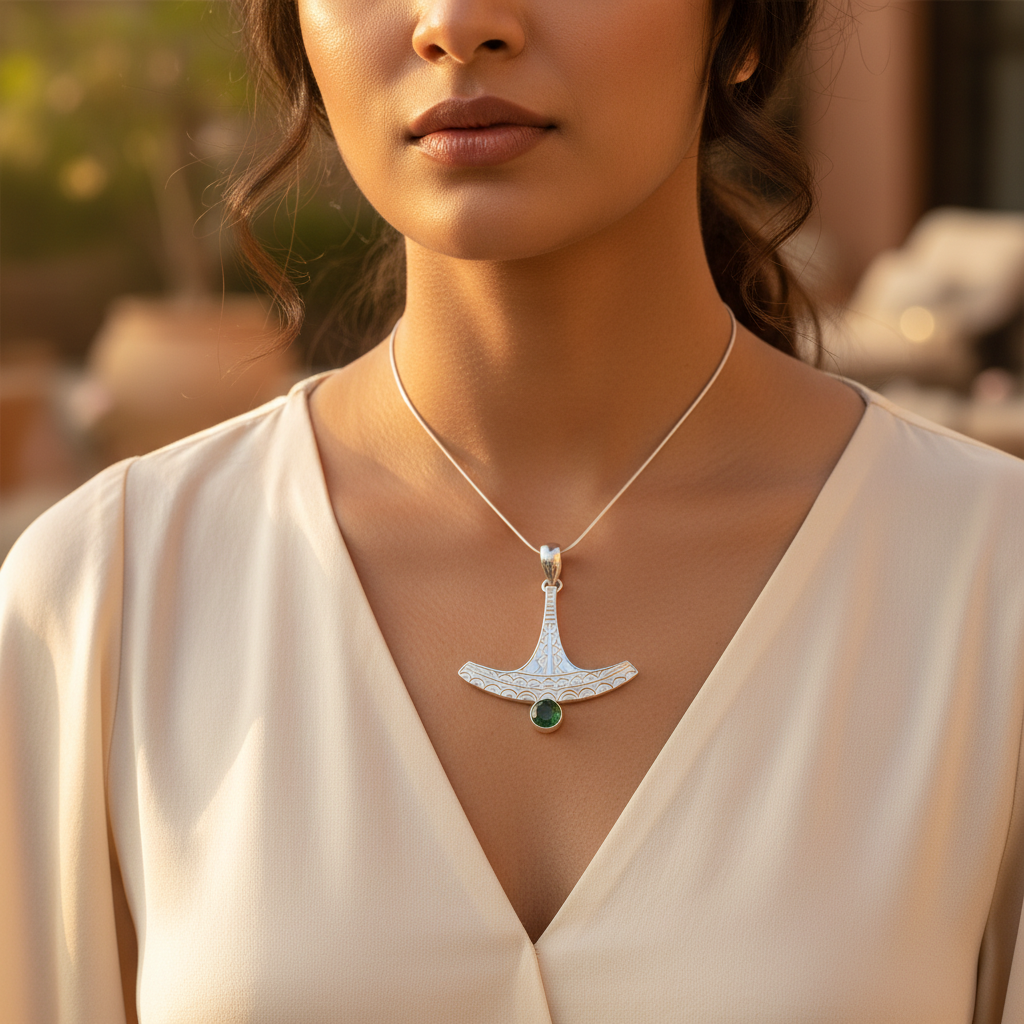 925 silver thor's hammer pendant with emerald | viking jewelry