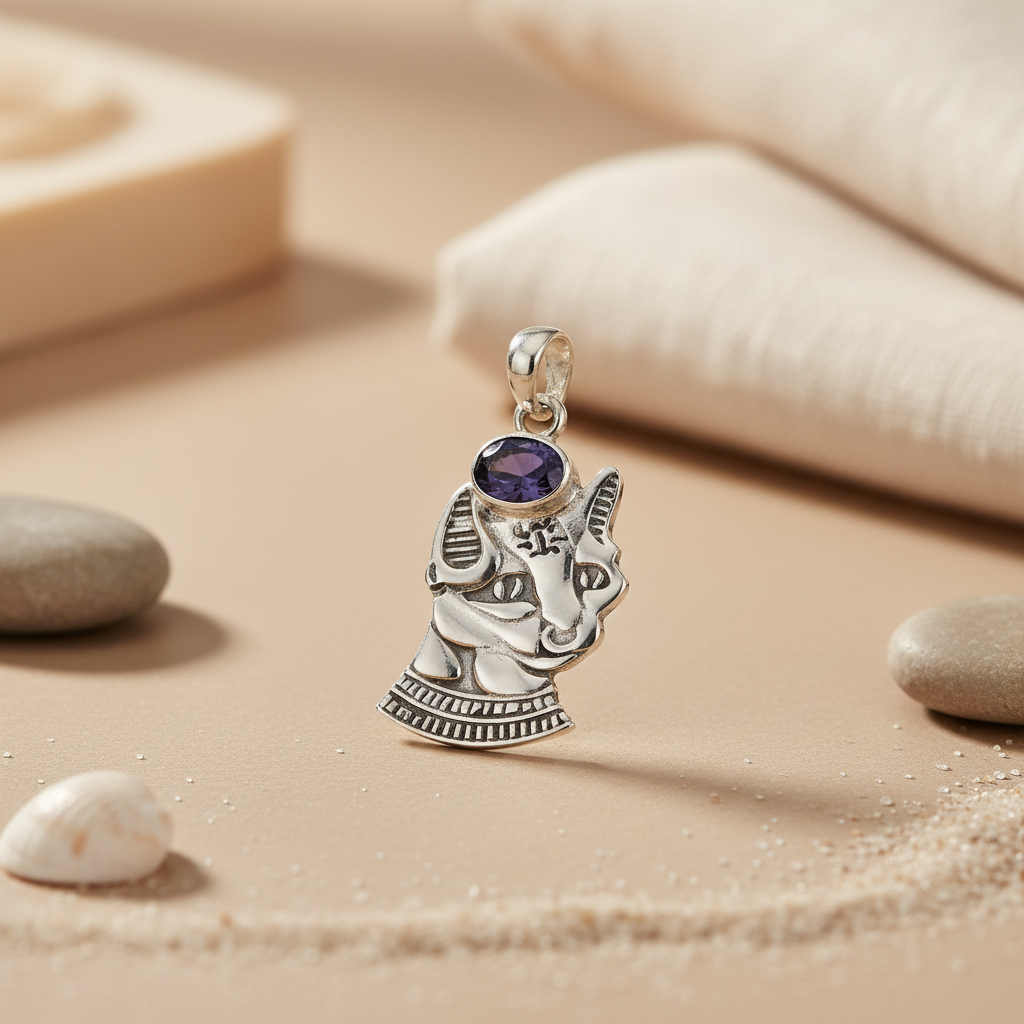 925 Silver Egyptian Cat Pendant with Blue Gemstone | Women's Gift