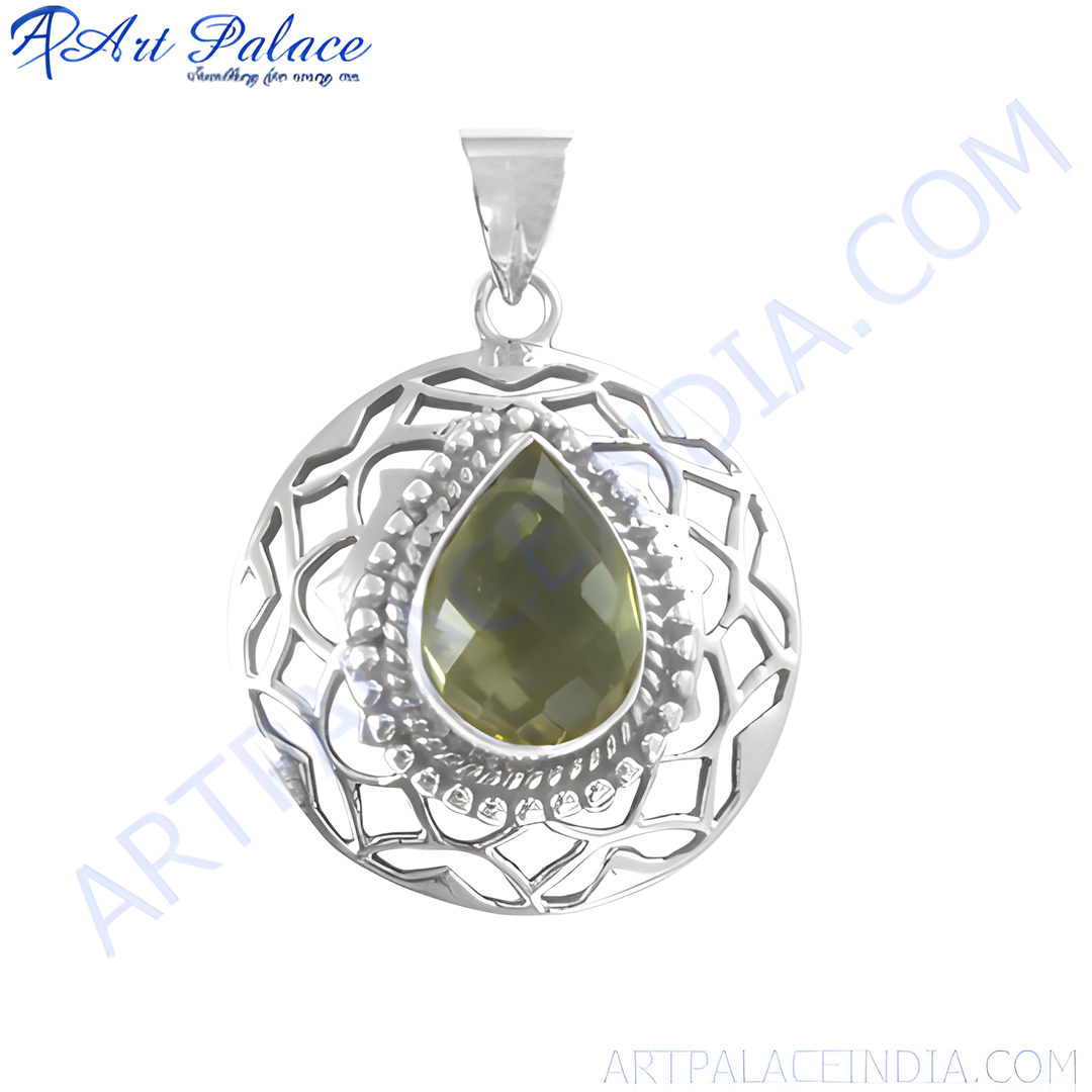 925 sterling silver peridot teardrop pendant with green gemstone in a filigree setting